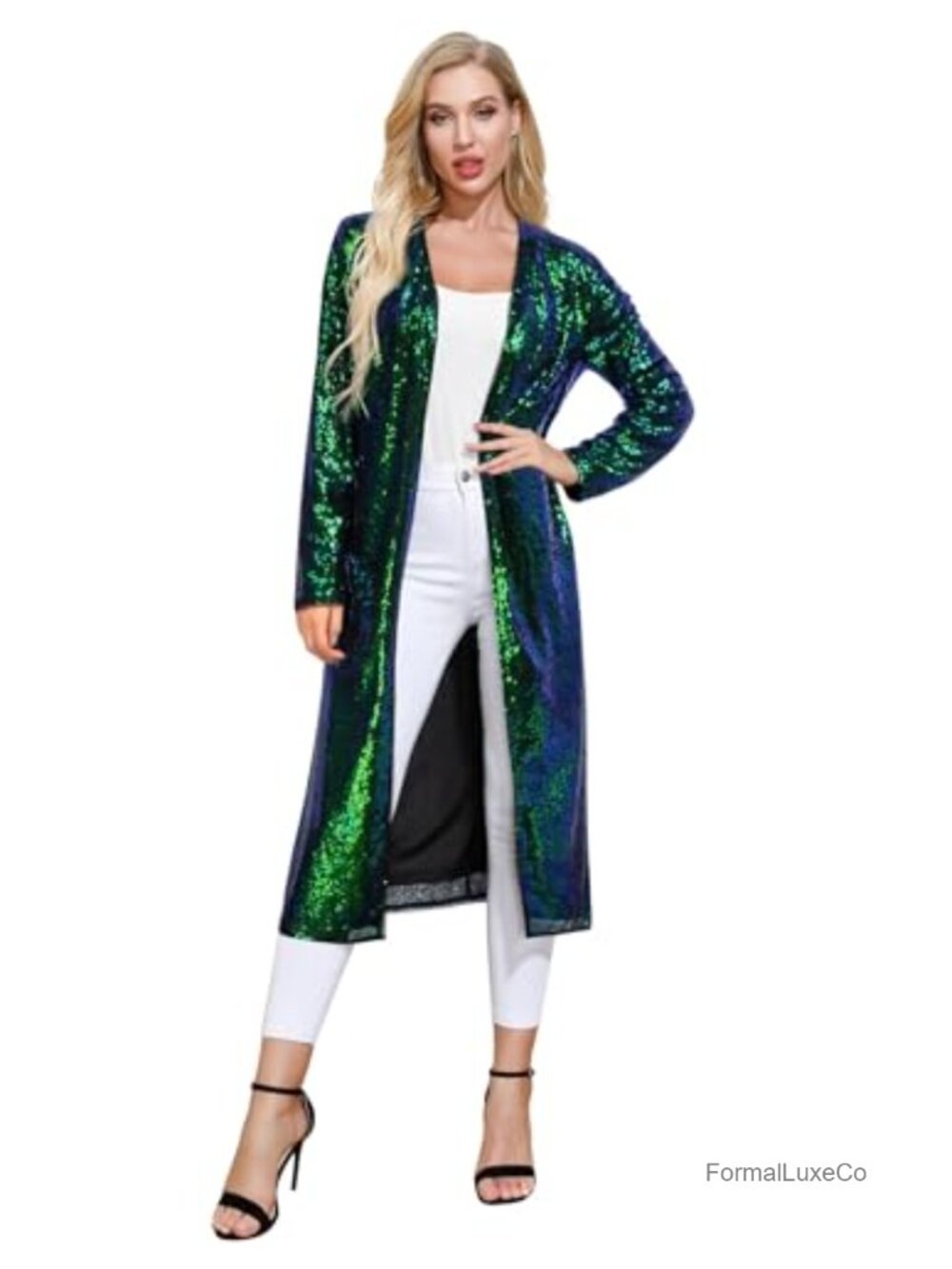 Women's Long Sequin Open Front Evening Blazer Formal Party Jacket